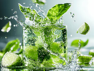 Poster - Refreshing image of a drink with splashing water mint leaves and limes. Great for food blogs recipe books or marketing campaigns related to beverages.