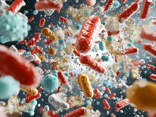 Poster - a detailed illustration of various microorganisms. shows diverse bacterial shapes colors and texture