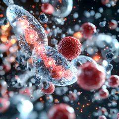 Poster - microscopic view of cells bacteria viruses floating in a glowing bio-environment. could be used in s