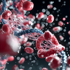 Poster - a visually stunning 3d render depicting dna strands and blood cells. great for scientific visualizat