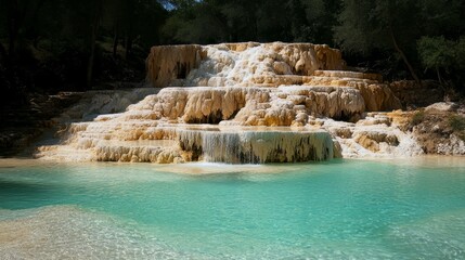 Poster - Waterfall is flowing into a body of water. The water is clear and blue. The waterfall is surrounded by rocks and trees