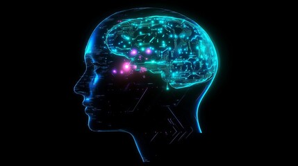 Poster - Digital Human Brain Artificial Intelligence Circuitry Neural Network Technology Futuristic Abstract Design Glowing Lines Bright Blue Neon Purple Pink Cybernetic Mind Concept Innovation data idea power