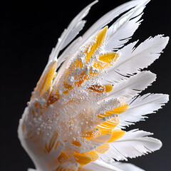Poster - Close-up of a wing with yellow and white feathers textured with white bubbles. Ideal for digital art or fantasy themed graphics. Could be used in a poster or ad.