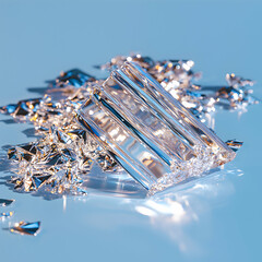 Poster - A clear glass block rests amidst crumpled silver foil reflecting light on a blue surface. Perfect for showcasing beauty products or jewelry designs. 