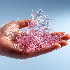 Poster - A hand cradles delicate pink and clear crystal shards. This image could be used in beauty product ads or abstract art promotions.