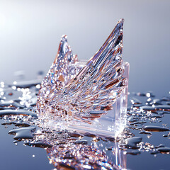 Poster - A crystal wing sculpture sits among water droplets creating an elegant and ethereal feel. This image is suitable for perfume or luxury product advertisements.