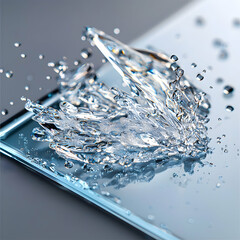 Poster - A close up of water splashing on a reflective surface. The image shows water droplets. This could be used for product visuals related to water based items.