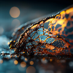 Poster - Close-up of a textured leaf with intricate veins and glowing amber highlights. Perfect for art prints or website backgrounds evoking nature and detail.