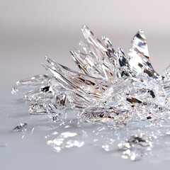 Poster - A close-up of crystalline structures with sharp edges on a reflective surface. Perfect for illustrating concepts of fragility beauty or icy textures. Use it for digital art or marketing material.