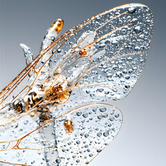 Poster - Close-up shot of a delicate insect wing covered in water droplets. Ideal for nature-themed art or product design. Evokes purity and fragility.