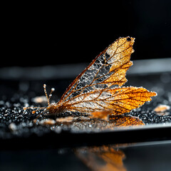 Poster - A delicate butterfly skeleton rests on a reflective surface. It suggests themes of fragility beauty and the cycle of life death and transformation. Great for art or nature-themed projects.