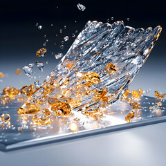 Poster - Abstract artwork featuring shattered glass with amber accents. Great for modern design projects or visualizing fragility and disruption. It's visual storytelling.