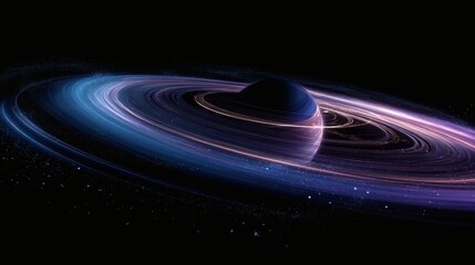 Wall Mural - A captivating view of a planet with rings in the cosmos. The planet features a vibrant swirl of colors, set against a starlit background.