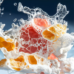 Poster - Close-up of fruit and foam bursting suggesting freshness and a vibrant sensory experience. Ideal for food product advertising or abstract art.