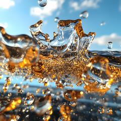 Poster - a stunning close-up of water droplets creating a splash. captivating reflections on a clear sky. gre