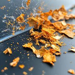 Poster - Close-up shot shows a fragmented orange-brown material scattered on a dark surface.  Interesting texture and composition suggests possible artistic or scientific application.