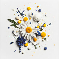 Poster - A vibrant floral composition with daisies blue flowers and yellow accents. Perfect for invitations cards or any design seeking a fresh elegant touch.