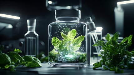 Poster - Futuristic image shows plants inside a jar highlighting technology and nature fusion. Suggests sustainable agriculture and bioengineering applications for future solutions.