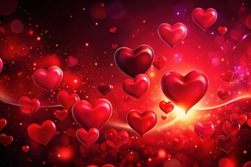 Poster - Floating hearts illuminate a vibrant red landscape, creating a magical atmosphere of love and romance during a dreamy evening Generative AI