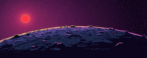 Wall Mural - a modern cartoon illustration showcases an alien landscape with the moon's surface against a space b