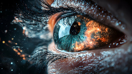 Poster - An eye with a galaxy reflected in it symbolizing imagination or the universe within. Great for fantasy book covers or artistic projects.