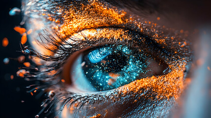 Poster - A stunning macro shot of an eye filled with cosmic dust and vibrant orange pigment. Great for fantasy art digital backgrounds or artistic illustrations.