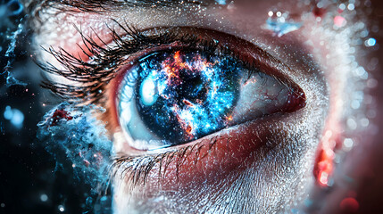 Poster - a mesmerizing eye reflecting a vibrant galaxy. it could be used for album art space themes or scienc
