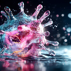 Poster - A vibrant artistic depiction of a virus particle suggesting a microscopic threat. Could be used for educational content or scientific visualizations. 