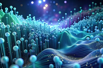 Fototapete - Vibrant digital landscape showcasing abstract waves and luminous orbs in a mesmerizing formation of colors Generative AI