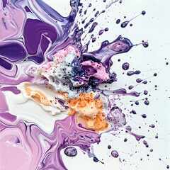 Poster - Abstract paint splash in vibrant purples pinks oranges and whites. Ideal for digital art designs fabric patterns or background textures. 