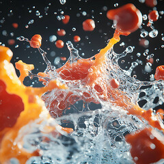 Poster - An abstract splash of orange and water creates a dynamic image. Perfect for scientific visuals advertising or art prints.