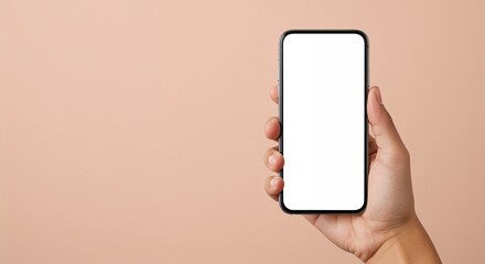 Hand holding smartphone mockup with blank screen, isolated on beige background with copy space for app promotion or mobile design showcase