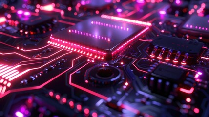 Poster - Close up of a circuit board with neon lights. Macro photography of motherboard or microchip or electrical circuit with gradient pink and purple glowing neon light. Digital artwork for design. AIG53.
