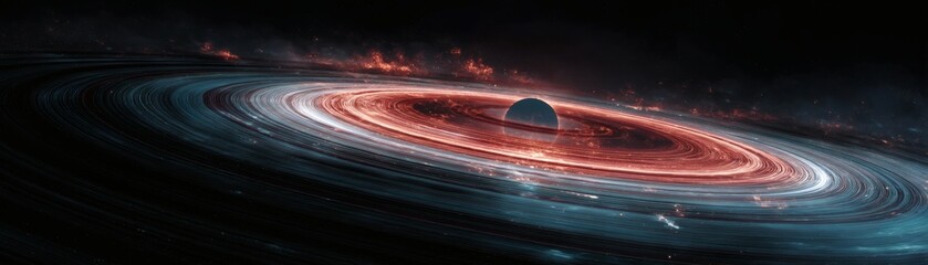 Wall Mural - A captivating image of a black hole surrounded by glowing gas and swirling cosmic matter. This stunning view into the universe showcases the immense gravitational pull and energy