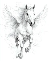 Naklejka na meble A majestic winged horse depicted in an elegant, artistic style, showcasing strength and beauty in motion.