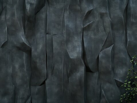 Dark, textured stone wall background.  Cracked, folded, rough surface.  Design element for modern interiors.  Small green plant at the right edge