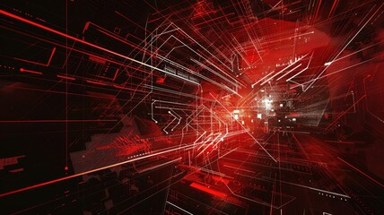 Poster - Abstract red circuit board pattern with glowing lights on dark background. The red hues and light effects add a dynamic and modern touch. Digital technology innovation theme. Electric circuit. AIG53.