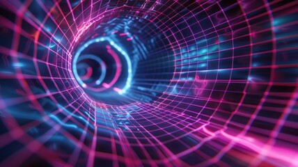 Poster - Abstract digital image of a colorful vortex with grid patterns on a dark background. Digital artwork of portal with vibrant color. Teleport. Futuristic and technology concept for art design. AIG53.