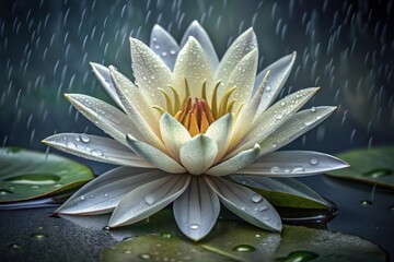 Poster - Delicate white water lily gracefully blooms amidst gentle raindrops in a tranquil oasis at dusk Generative AI