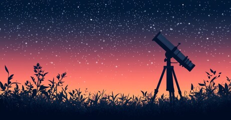 A deep blue night sky filled with bright stars and cosmic dust provides the backdrop for a cartoon telescope on a tripod, positioned on a mountain landscape to facilitate astronomy education and