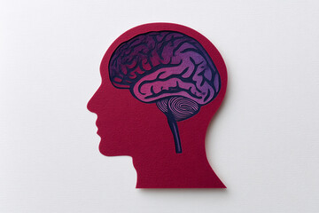 Poster - Red paper cutout of head profile, showcasing brain in purple and dark-blue hues, symbolizes intellect, mind, and cognitive function