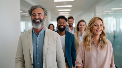 Fototapete - A cheerful gathering of diverse professionals strolls confidently through a bright office corridor