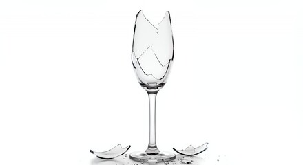 Poster - Broken Champagne Flute Isolated on White Backdrop a Symbol of Celebration's End and Damage in Clean Studio Setting Perfect for Ads and Promotions
