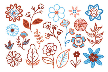 Set of boho simple geometric branch and flowers. Botanic design elements in wavy and vintage style. Leaves and branches print for logo, social media or packaging and greeting card. Vector illustration