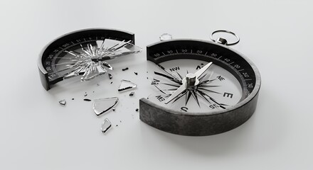Poster - Broken Silver Compass on Isolated White Surface Symbolizing Lost Direction Loss and Disorientation Studio Shot