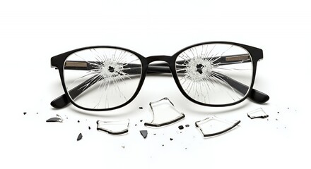 Poster - Broken Teacher's Spectacles on White Background Emphasizing Damage Representing Obscured Vision For Future Education Isolated On White Studio Backdrop With Cracks and Shards Highlighting Damage