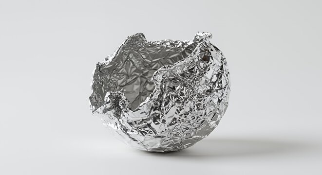 Crumpled Aluminum Foil Ball Broken and Isolated on White Screen Background Demonstrating Realistic Damage Texture Detail and Potential Reuse for Decoration in Studio Setting