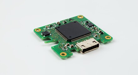 Poster - Detached and Broken Green Circuit Board with Golden Pathways Isolated on White Screen Background in a Studio Setting Showing Damage