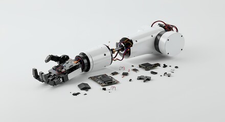 Poster - Disassembled Robotic Arm with Exposed Wires on White Screen Background Illustrating Technology Failure Damage and Repair