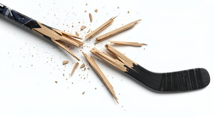 Poster - Fragmented Hockey Stick Splintered Isolated on White Screen Background Displaying a Career Ending Injury Symbolism Perfect for Decoration and Promotional Material